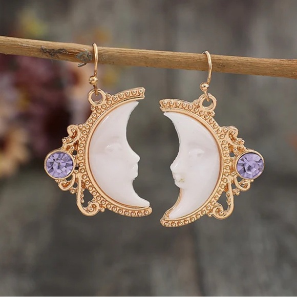 2/$30🌵 Over The Moon Gold Crescent Earrings Purple Rhinestone Celestial NEW - Picture 10 of 12